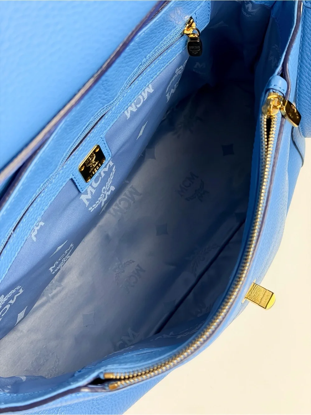 MCM First Lady Large Royal Blue Pebbled Leather Satchel Shoulder Bag